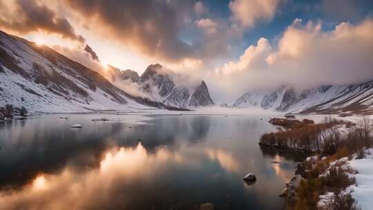 雪山湖泊日出美景