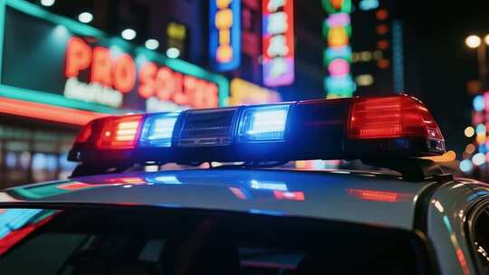 夜晚城市中警车警灯闪烁