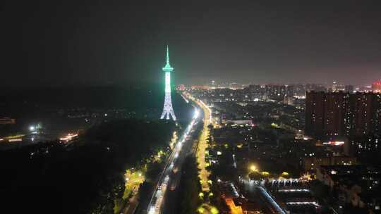 四川德阳城市地标德阳电视塔夜景灯光航拍