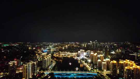 福建福州闽江夜景灯光中洲岛航拍