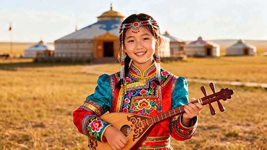 草原蒙古族女孩持琴留影