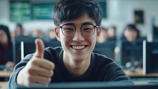 办公室里年轻员工成功竖起大拇指