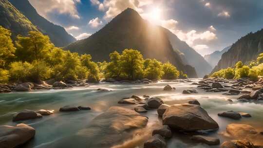 山间河流阳光森林风景