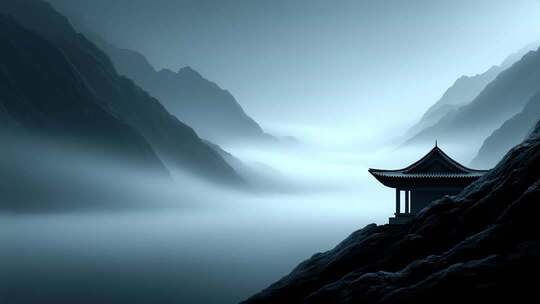 唐朝山水云雾缭绕中的古建筑