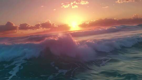 夕阳下海浪浪花