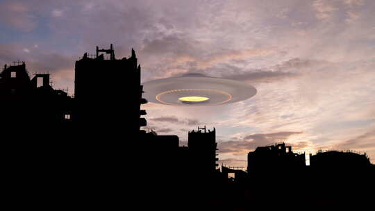 大型飞碟UFO在被摧毁的城市上方，延时模
