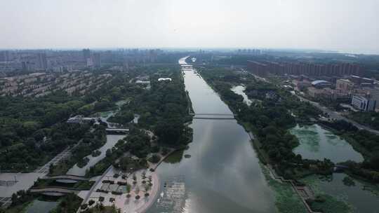 江苏宿迁城市风光绿化植物公园古运河航拍