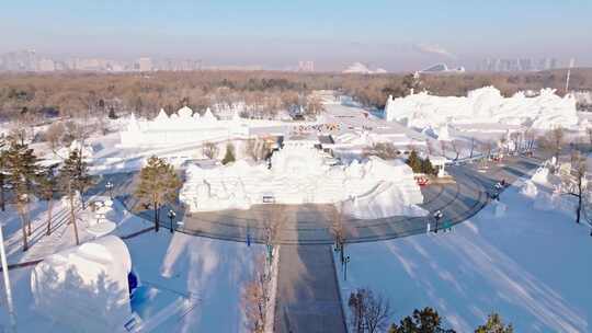 中国黑龙江哈尔滨太阳岛雪博会雪雕航拍