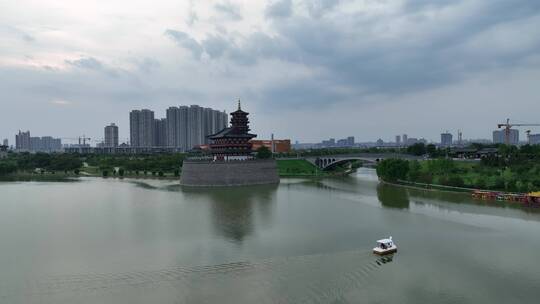 洛阳古建筑瀍壑朱樱塔航拍大运河博物馆地标