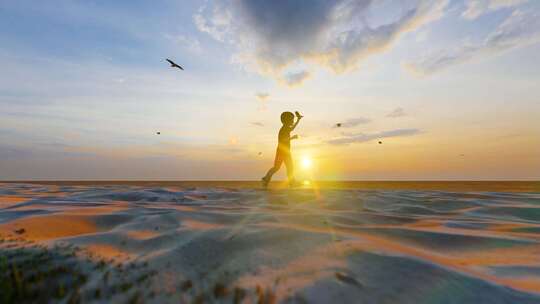 在海边沙滩上拿纸飞机奔跑追逐梦想的小孩