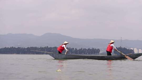 生态保护志愿者内湖划船合集视频素材模板下载