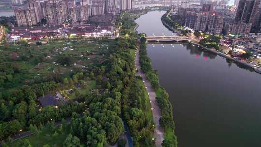 眉山远景楼和东坡城市湿地公园夜景航拍