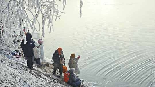 冰雪旅游旅拍新年看雾凇游客江边拍照打卡