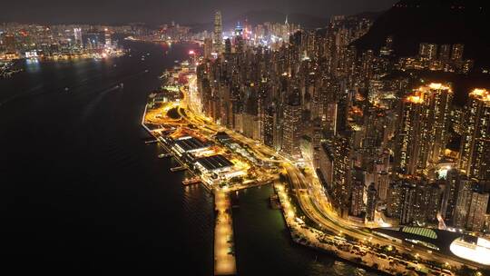 航拍延时香港夜景城市车流