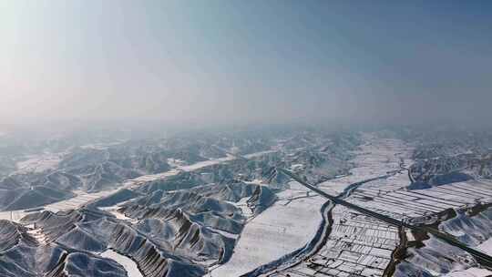 黄土高原航拍 西北农村 雪景视频素材模板下载