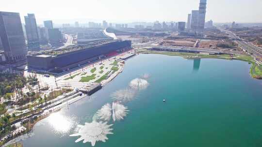 成都天府国际会议中心秦皇湖喷泉秀航拍实时