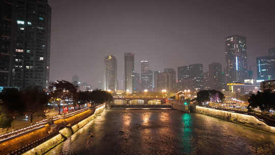 夜晚城市河流灯光