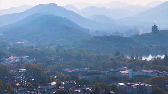 西湖雷峰塔景区大自然风光群山航拍杭州风景