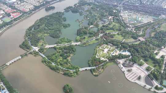 城市绿化植物眉山东坡城市湿地公园航拍