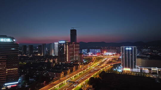 航拍南京江北新区城市道路交通夜景
