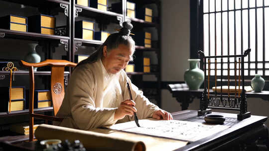 古装老者写毛笔字
