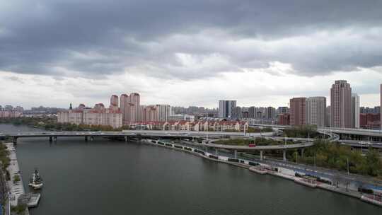 天津海河风景海津大桥城市交通风光航拍