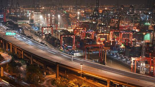 香港葵涌货运码头繁忙夜景视频素材模板下载