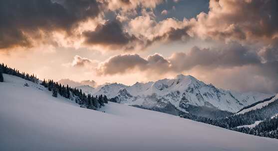 雪山云雾森林阳光树林远山峰大自然生态风景