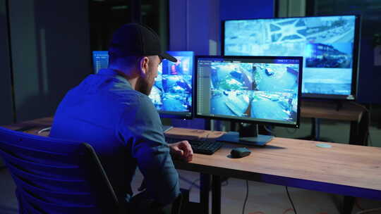 保安在监控中心的电脑上工作，电脑上有监控