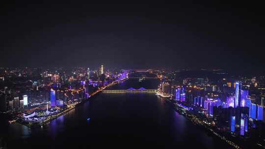 长沙夜景风光航拍湘江两岸滨江建筑灯光风景