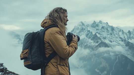 勇敢探险家在雪山之巅摄影创作