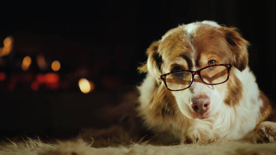 狗狗戴着眼镜趴在壁炉旁边视频素材模板下载