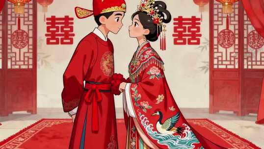 中式卡通风格新人婚礼画面