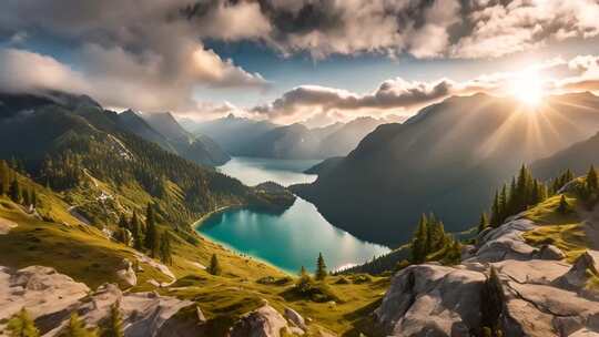 高山湖泊自然风光全景