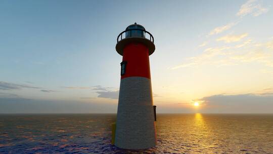 夕阳下的海上灯塔