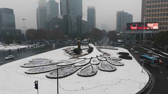 南京鼓楼广场雪景航拍