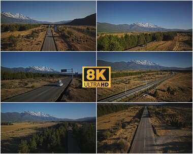 8K炸裂顶级航拍-丽江玉龙雪山下的公路高清在线视频素材下载