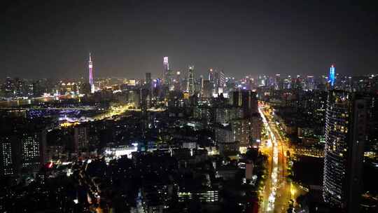 航拍广东广州夜景城市大道