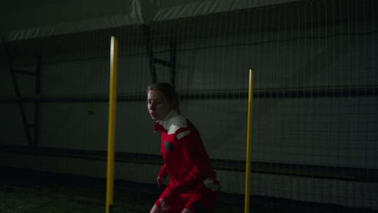 活跃的青少年女孩足球运动员在室内球场上奔