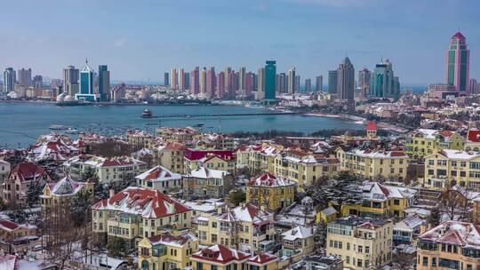 青岛城市风光雪景鸟瞰