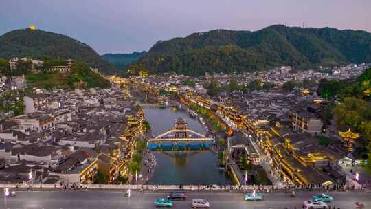 湖南湘西凤凰古城夜景灯光航拍延时