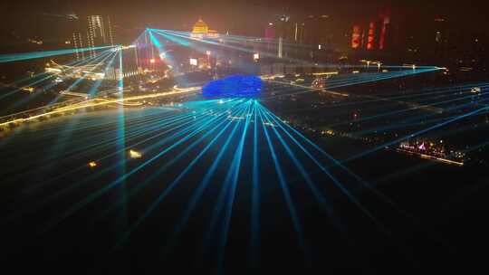 雨幕灯光城市夜景 射灯 岸边 浑河桥码头