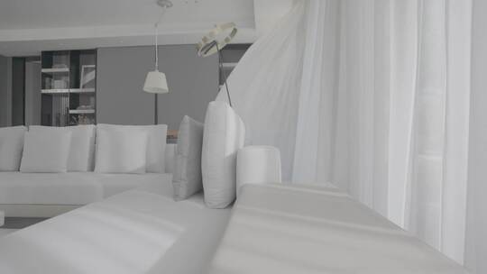白灰色系客厅家居设计风格微风吹动纱质窗帘