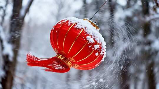 飘雪下悬挂的中式红灯笼