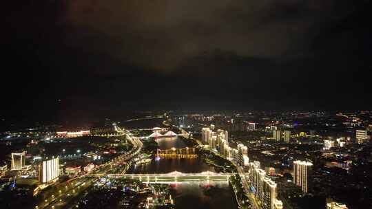 航拍福建漳州城市夜景灯光交通