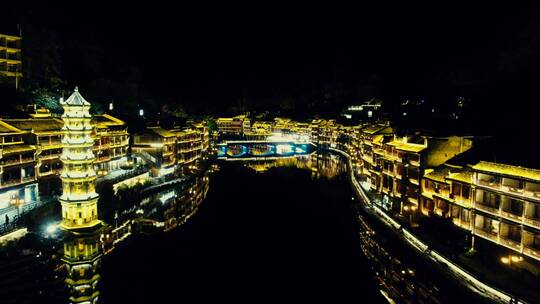 合集湖南湘西凤凰古城夜景4K航拍视频素材模板下载