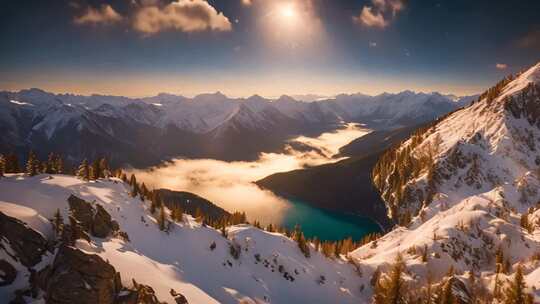 雪山森林湖泊日出全景