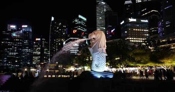  超清新加坡鱼尾狮公园夜景