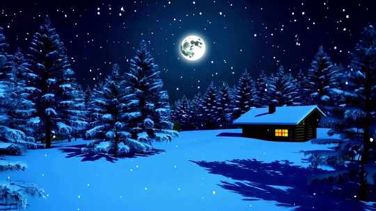 冬夜雪林小屋月光雪景
