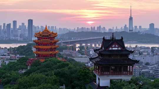 航拍武汉黄鹤楼长江大桥晚霞